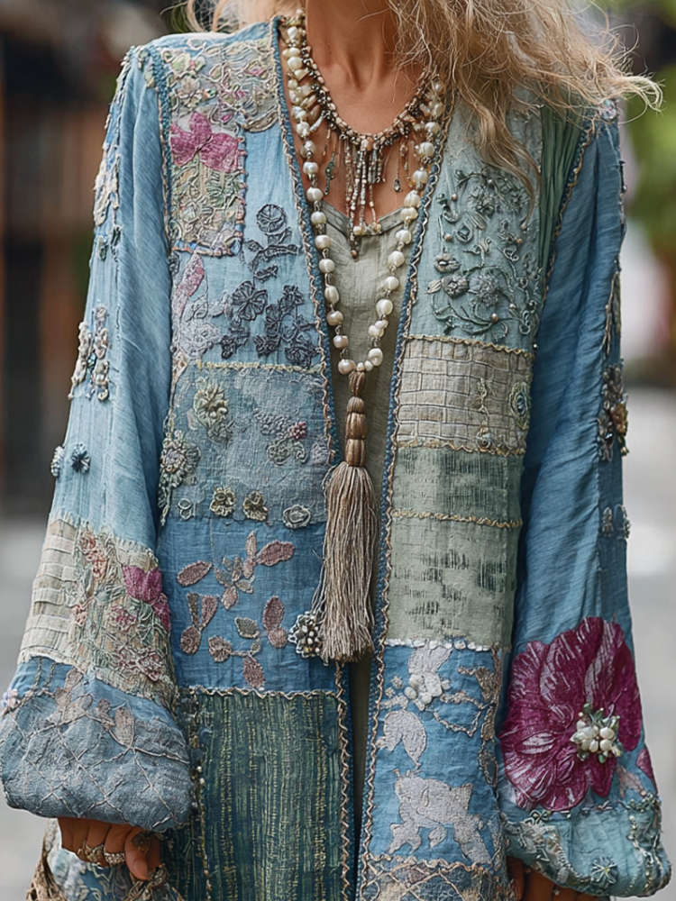 Comstylish Bohemian Style Plant And Flower Embroidery Printed Women's Cotton And Linen Long Cardigan