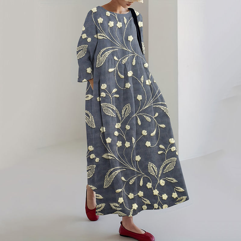 Comstylish Floral Embroidery Print Long Sleeve Casual Midi Dress