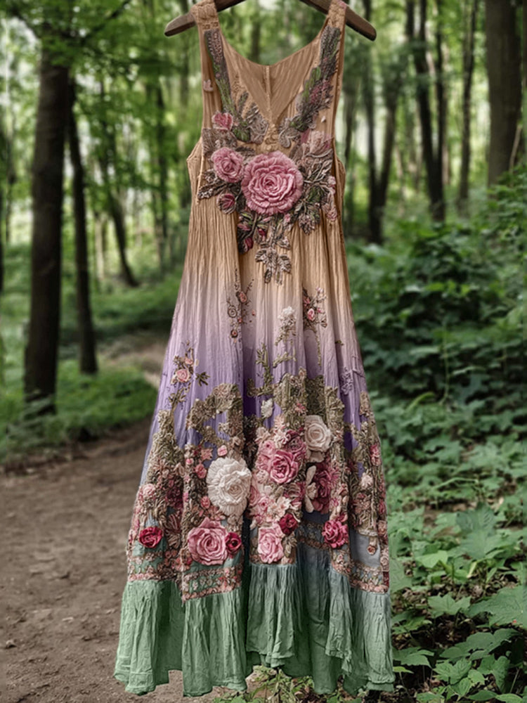 Vintage Classy Boho Gradient Pink Roses Embroidered Linen Maxi Dress artswardrobe