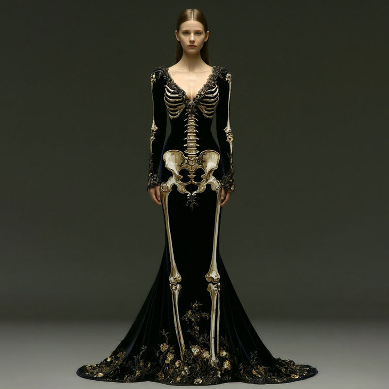 Comstylish Women's Halloween Skeleton Velvet V Neck Maxi Dress