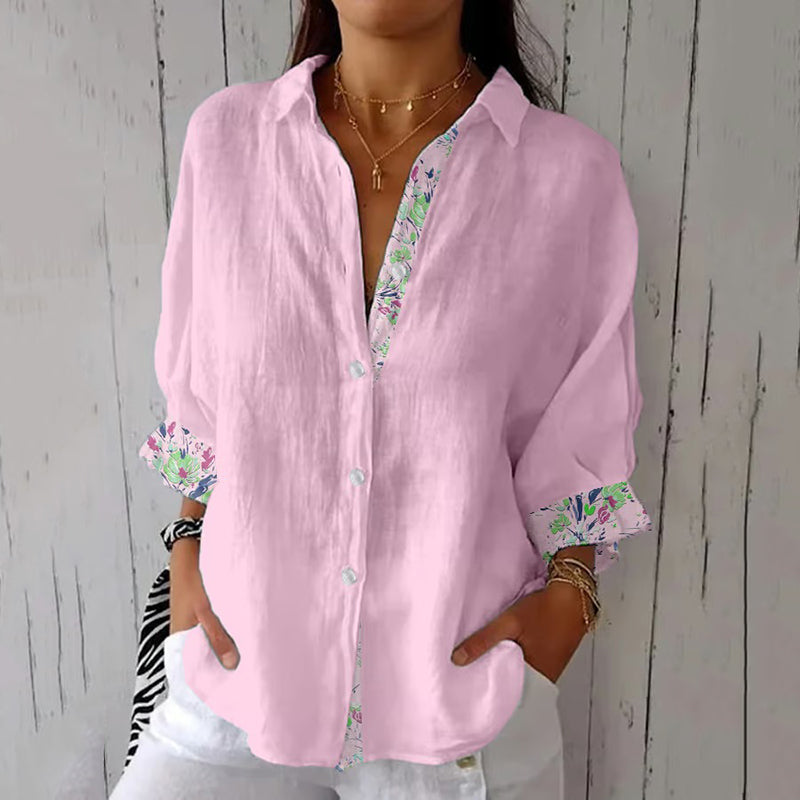 Women's Vintage Oil Painting Floral Art Print Casual Linen Shirt artswardrobe