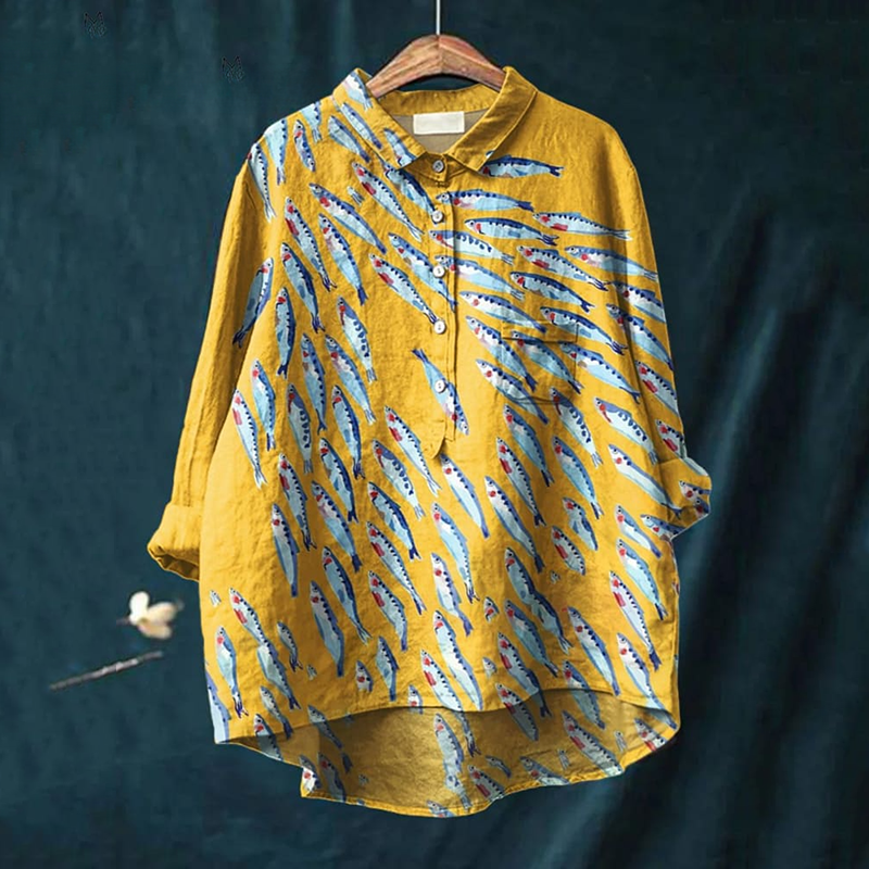 Comstylish Fish Art Print Long Sleeve Casual Shirt