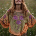 Comstylish Ladies' Mandala Flower Embroidery And Tie-dye Vintage Round-neck Long-sleeve Shirt