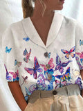 Women Butterfly Print Casual Button-up Loose Shirt