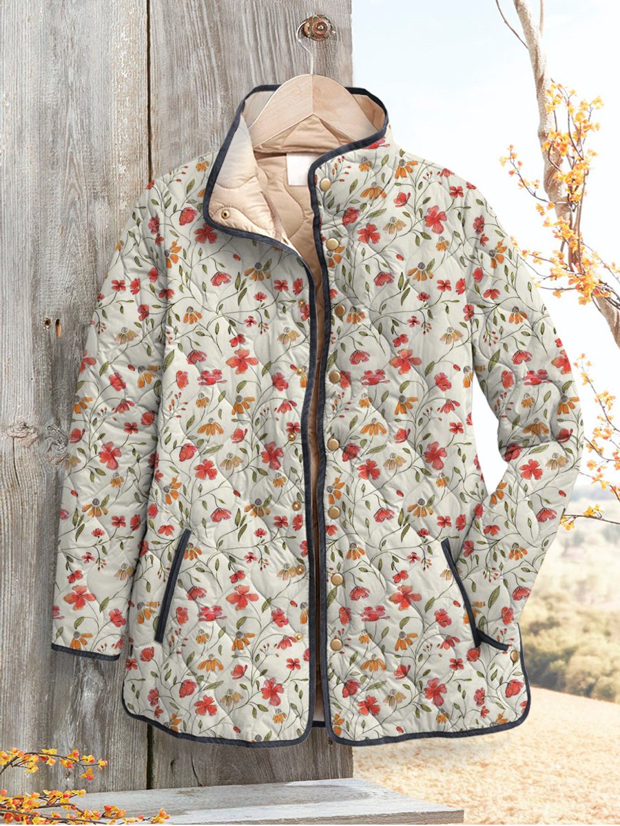 Watercolor Floral And Vine Pattern Printed Women's Casual Quilted Cardigan