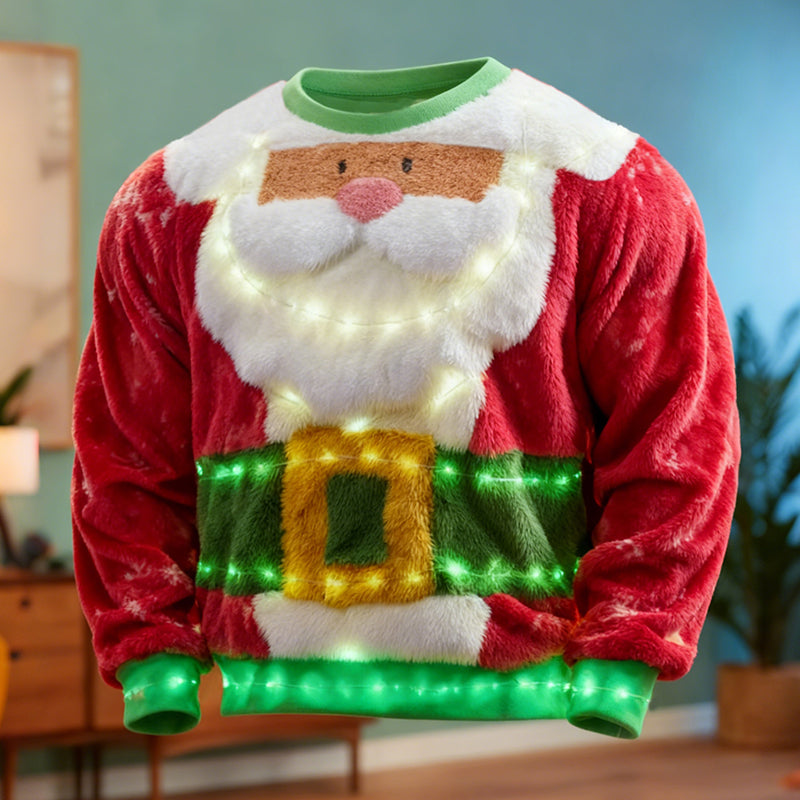 Comstylish Men's Fun Christmas Santa Claus And Colorful Lights Color-blocked Crew Neck Plush Sweatshirt