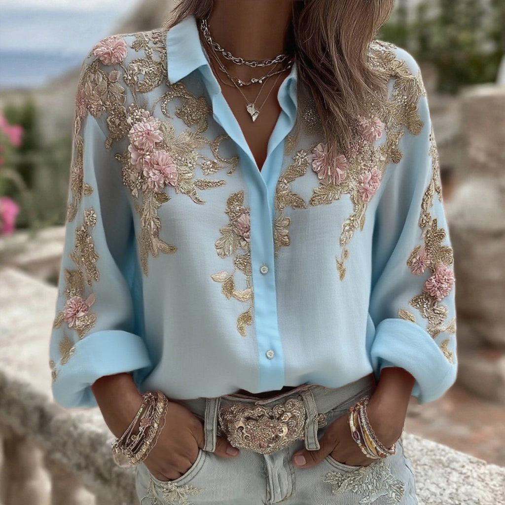 Comstylish Women's Pink Flower Embroidery Art Long Sleeve Linen Blend Shirt
