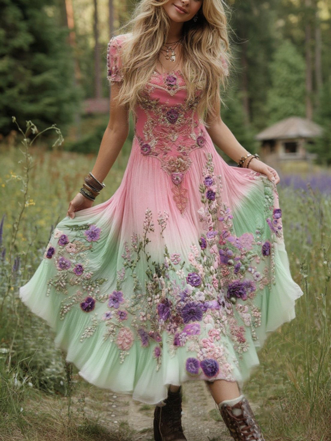 Classy Gradient Purple Lavender And Floral Embroidered Linen Maxi Dress artswardrobe