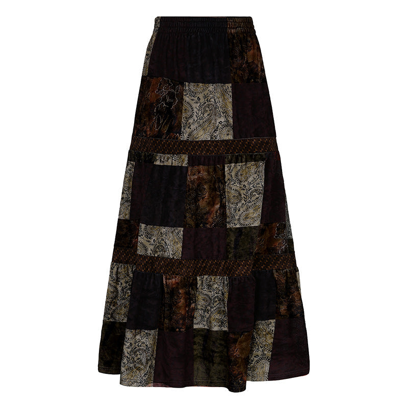 Vintage Totem Low Waisted Contrasting Velvet Long Skirt