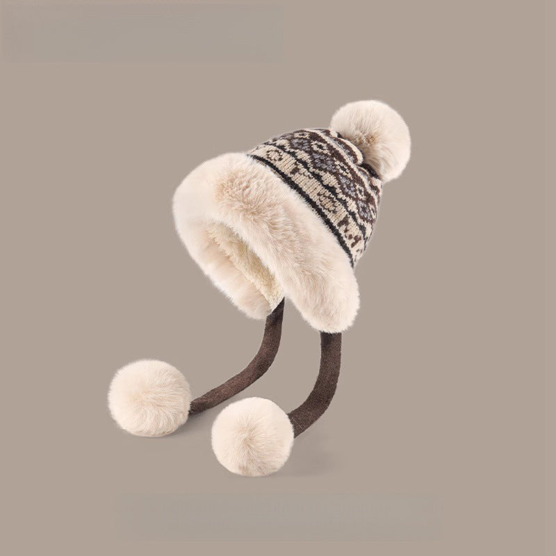 Comstylish Vintage Fair Isle Knit Cozy Fur Trim Fleece Liner Hat