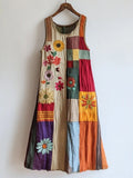 Colorful Patchwork Floral Embroidered Linen Blend Dress artswardrobe
