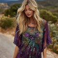 Women's Retro Purple Rose Pattern Gradient Short Sleeve T-shirt artswardrobe