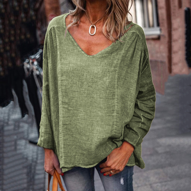 Women's Retro Solid Color Long Sleeve Linen V Neck T-shirt artswardrobe