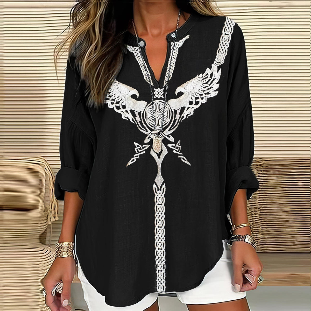 Comstylish Women's Viking Art Linen Print Casual Shirt