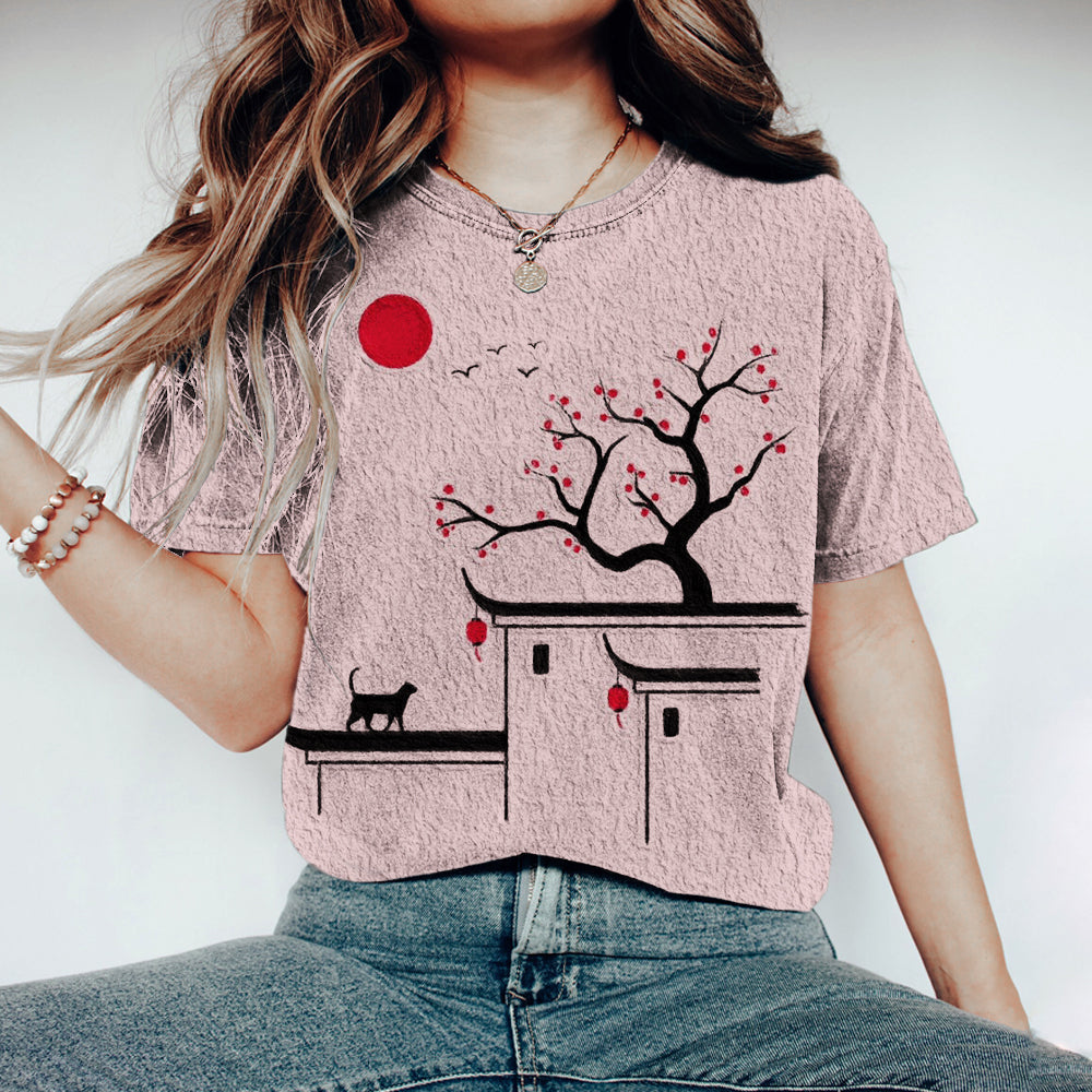 Comstylish Japanese Cat Sakura Print Vintage Women's T-shirt