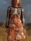 Comstylish Women's Halloween Warm Tone Skull Rose Embroidered Dress