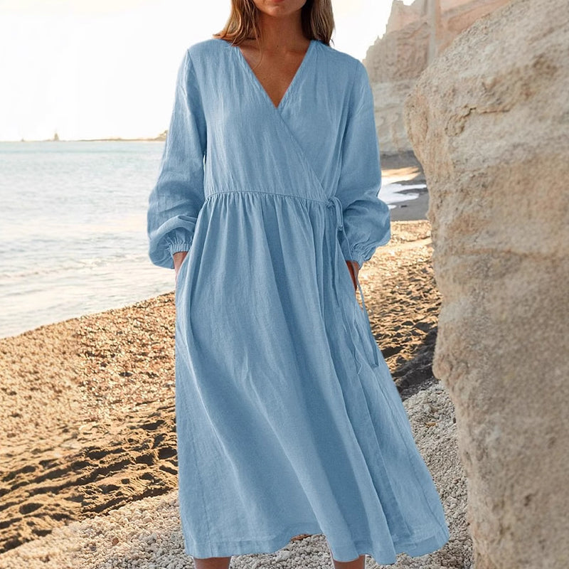 Casual Pleated Wrap V Neck Linen Midi Dress artswardrobe