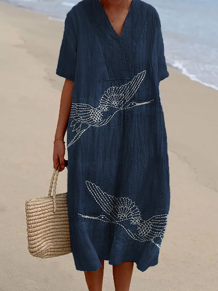 Comstylish Cranes Japanese Sashiko Embroidered Linen Blend Dress