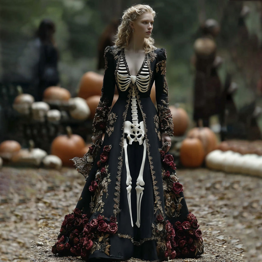 Comstylish Women's Halloween Skull Rose Comfortable Elegant Velvet Maxi Dress