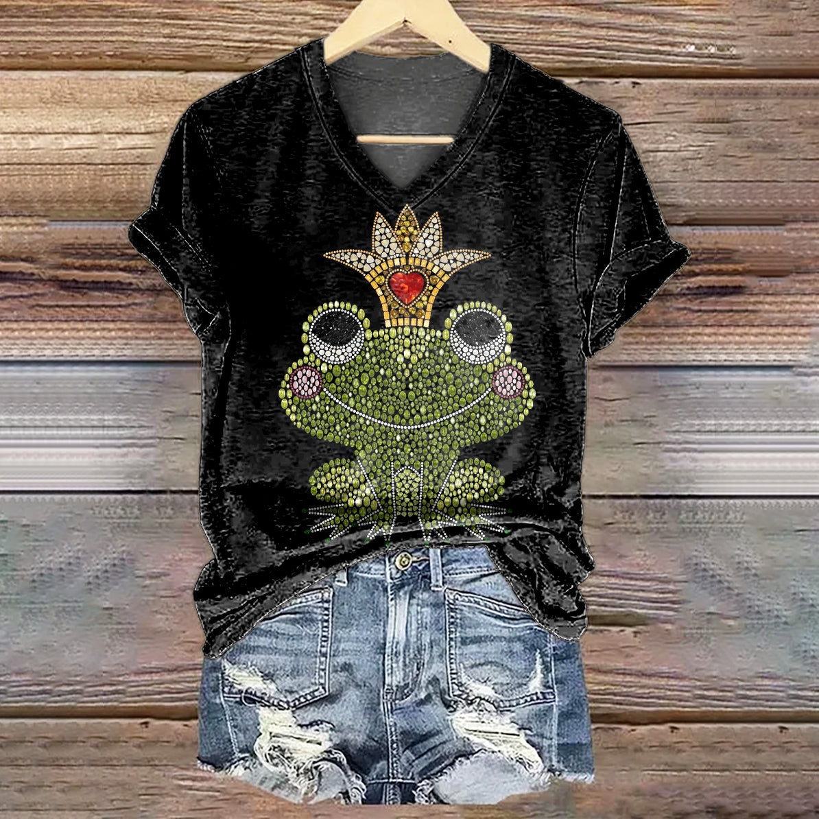 Women's Frog Art Print V-neck Casual T-Shirt