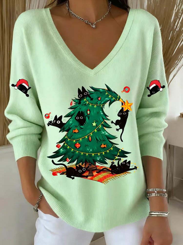 Women's Christmas Funny Cat Printed Tops elevenforest
