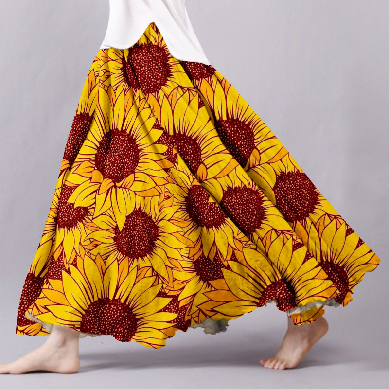 Retro Ethnic Sunflower Pattern Casual Skirt artswardrobe