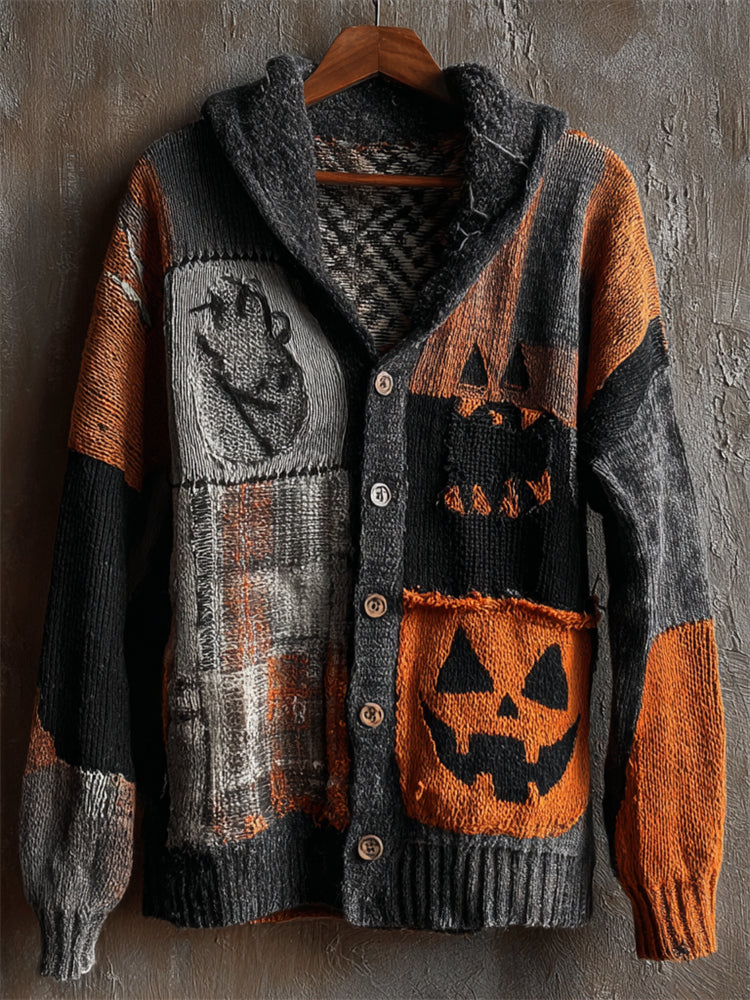 Halloween Pumpkin Face Plaid Colorblock Patchwork Cozy Knit Hooded Cardigan artswardrobe
