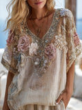 Bohemian Style Breast Cancer Awareness Pink Flower Silver Sequin Small V-neck Short-sleeved Shirt artswardrobe