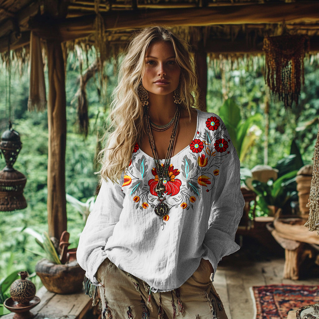 Vintage Bohemian Floral Embroidered Linen Shirt artswardrobe