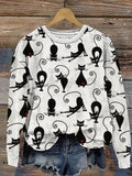 Comstylish Vintage Love Black Cats Print Long Sleeve Sweatshirt