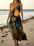 Women's Vintage Moon Koi Pattern Art Print Pocket Cotton Dresses