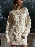 Vintage White Skeleton Roses Crochet Cozy Knit Dress artswardrobe