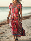 Women's Vintage Ethnic Style Tattoo Pattern Art Print Short Sleeve Poc
