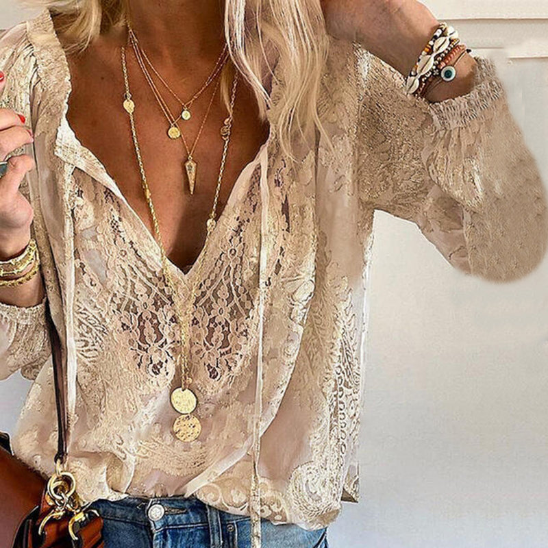Comstylish Boho Lace Hollow Out V Neck Long Sleeve Top
