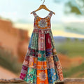 Women's Retro Colorful Tribal Style Holiday Contrast Color Midi Dress artswardrobe