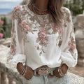 Comstylish Women's Vintage Pink Rose Embroidery Art Round Neck Long Sleeve Linen Blend T-shirt