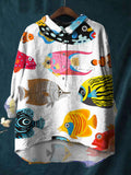 Colored Fish Print Cotton And Linen Shirt