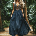 Bohemian Floral Embroidery Sleeveless  Cozy Linen Maxi Dress artswardrobe