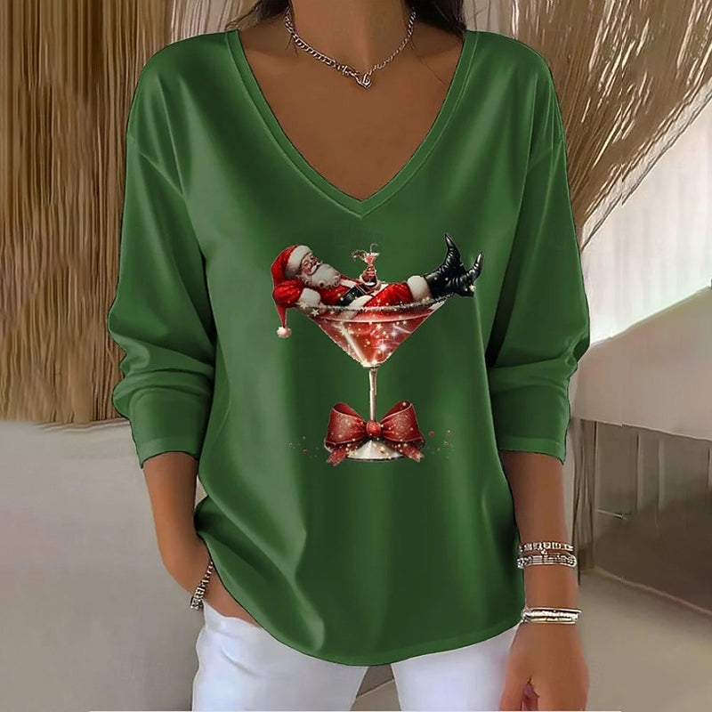 Comstylish Women's Fun Christmas Wine Glass With Santa Claus Print V-neck Long Sleeve T-shirt