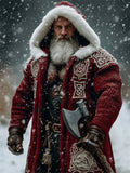 Comstylish Men's Christmas Viking Santa Celtic Knot Fur Trim Hooded Long Cardigan