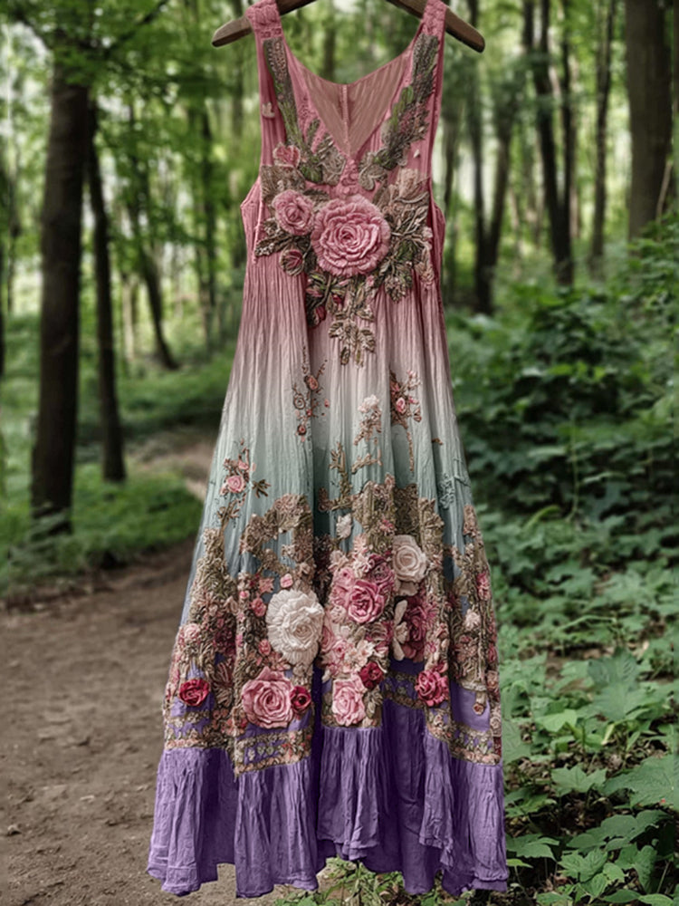 Vintage Classy Boho Gradient Pink Roses Embroidered Linen Maxi Dress artswardrobe