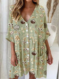 Women's Elegant Floral Cotton and Linen Shirt Style Loose Dress