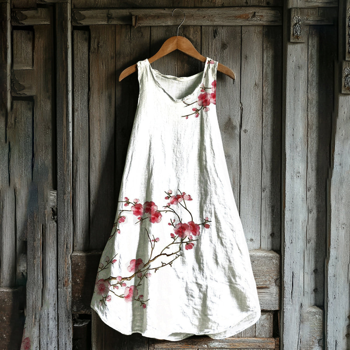 Vintage Cherry Blossom Art Linen Blend Tank Dress artswardrobe