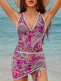 Women's V-neck Vintage Paisley Print Pleated Drawstring Two-Piece Swimsuit Set