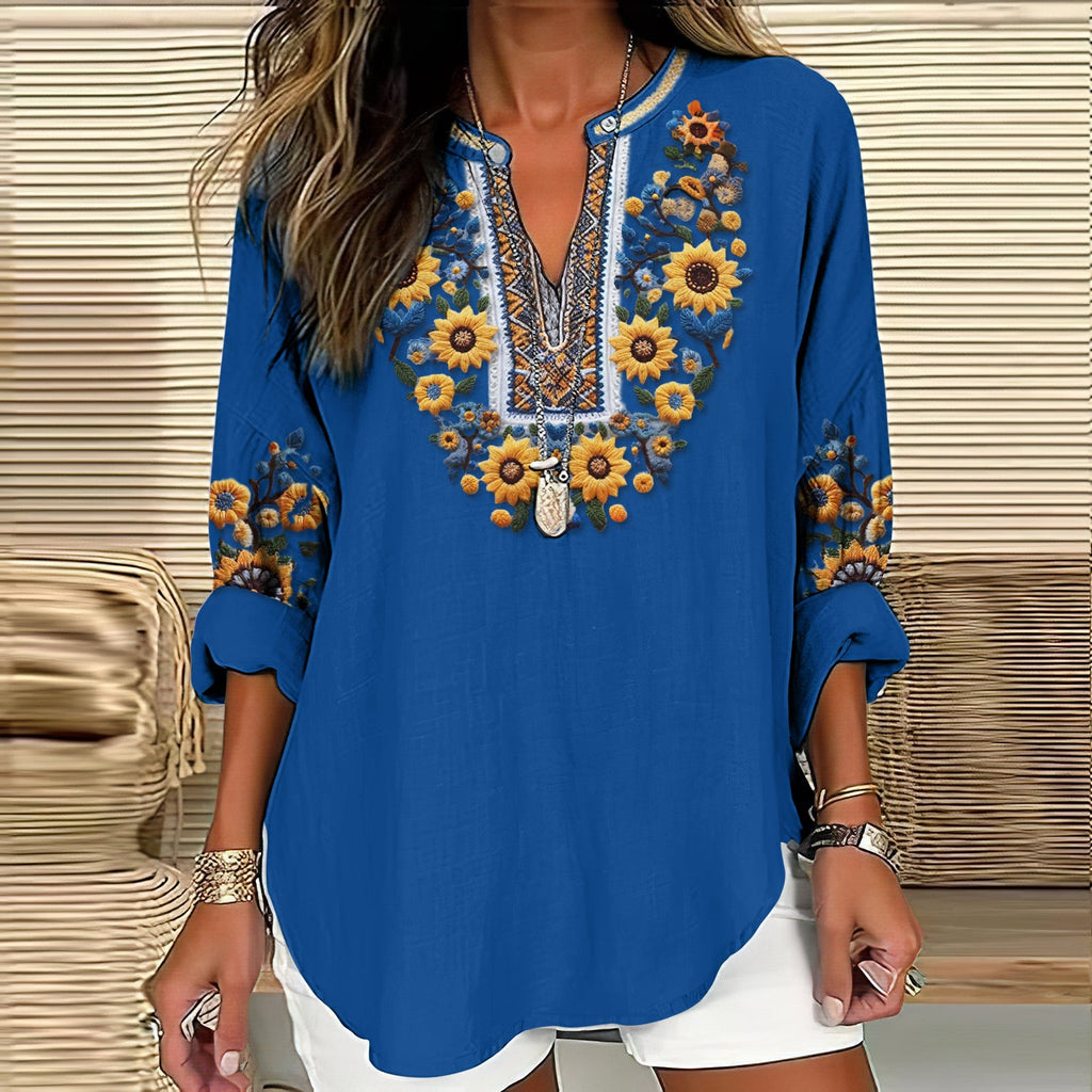 Comstylish Women's Ukraine Sunflower Embroidery Art V-neck Casual Linen Blend Blouse
