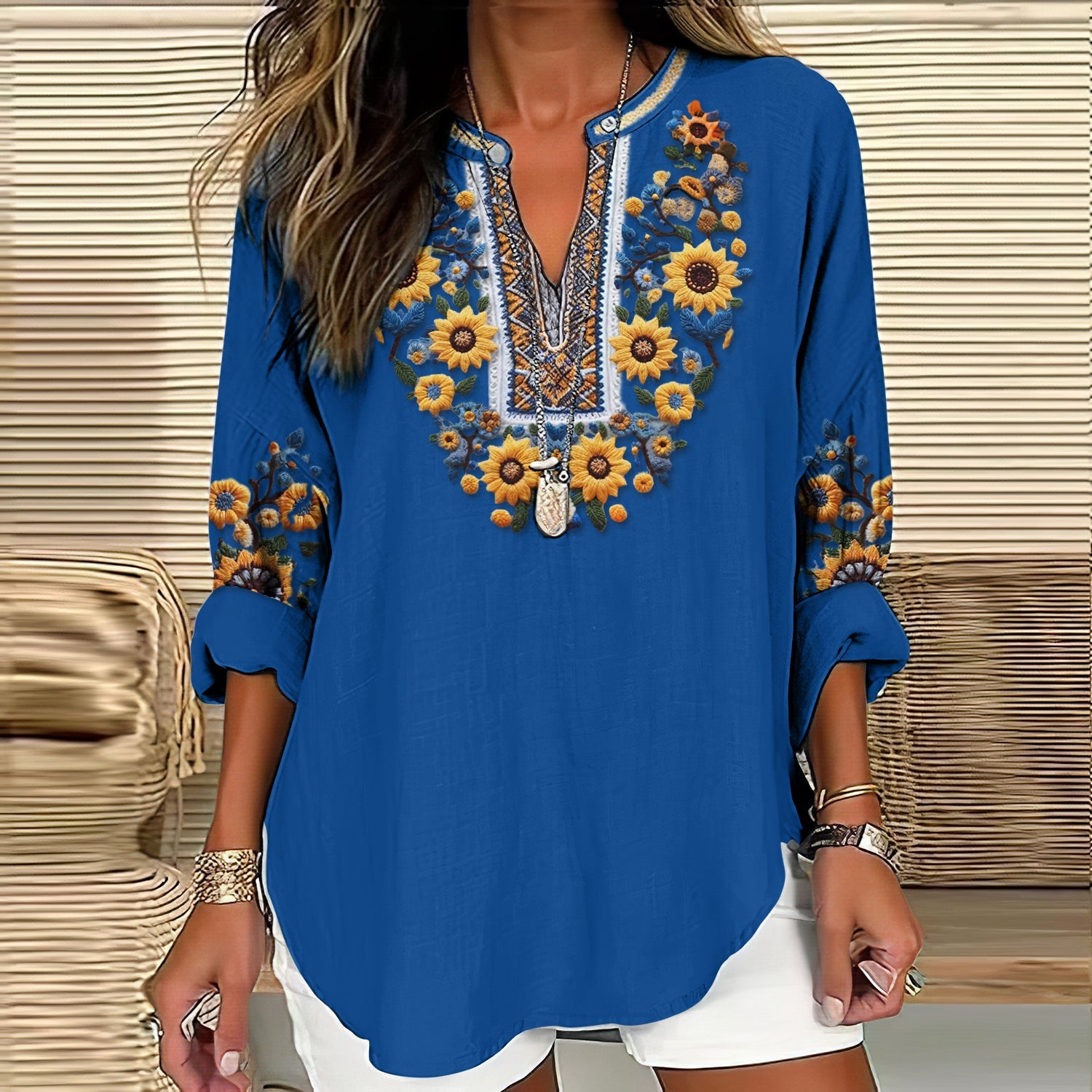 Comstylish Women's Ukraine Sunflower Embroidery Art V-neck Casual Linen Blend Blouse