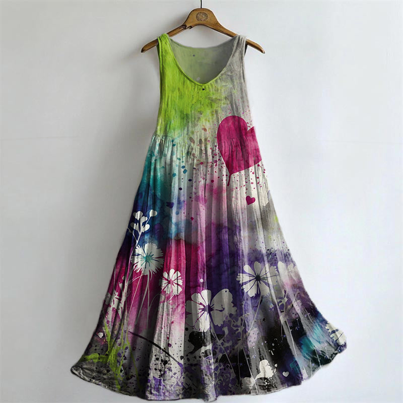 Women's Colorful Tie-Dye Floral Heart Pattern Art Print Round Neck Sle