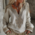 Women's Vintage Viking Celtic Knot Embroidered Art Cozy Linen Shirt artswardrobe