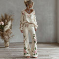 Comstylish Women's Pink Floral Embroidered Art Knit Pants