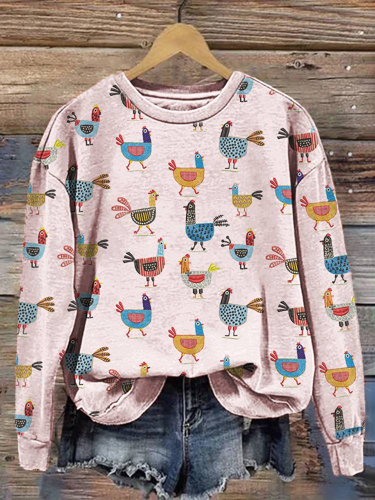 Comstylish Funny Farm Chicken Print Casual Cotton Sweatshirt